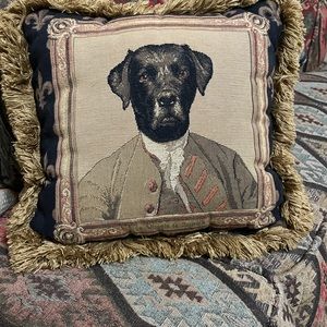 Black Labrador dog pillow w fringe.